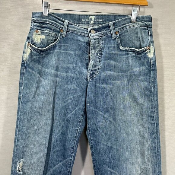 7 For All Mankind Jeans Mens 33 Bootcut Cotton Pockets Holes Distressed Fray Hem - Picture 2 of 16